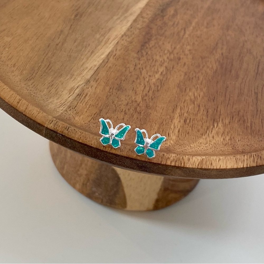 4/$15 Turquoise Teal Blue Enamel Butterfly Small Silver Earrings Studs